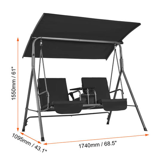 Swing bench - Swing benches - Swing bench 3 persons - Hanging bench - Hollywood swing - 2-seater - with adjustable canopy, removable thick cushion - 68x44inch - Black
