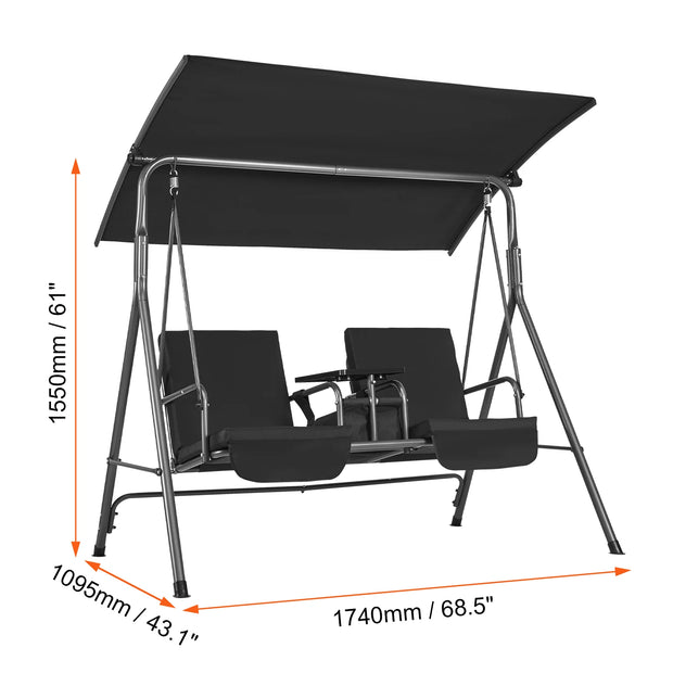 Schommelbank - Schommelbanken - Schommelbank 3 Personen - Hangbank - Hollywoodschaukel - 2-Zits - met Verstelbare Luifel Verwijderbaar Dik Kussen - 68x44inch - Zwart