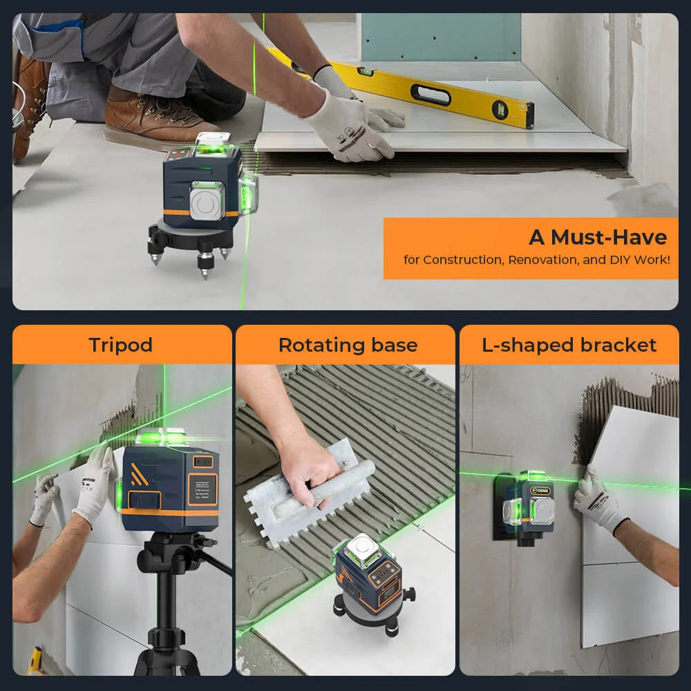 3x360° Laser Waterpas – Laser Niveau – Zelfnivellerend – Meetinstrument – Bouwlaser – Groene Laserstralen – Afstandsbediening – USB-C Opladen