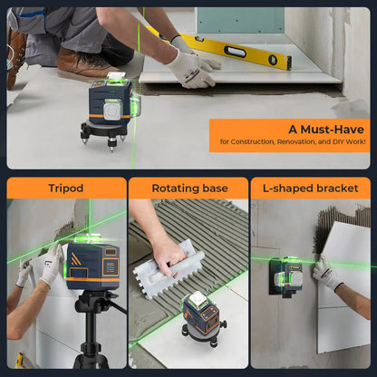 3x360° Laser Waterpas – Laser Niveau – Zelfnivellerend – Meetinstrument – Bouwlaser – Groene Laserstralen – Afstandsbediening – USB-C Opladen