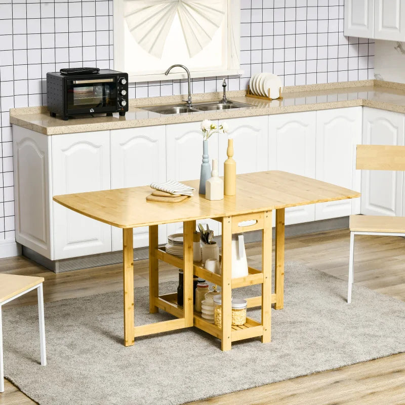 Opvouwbare Eettafel – Klaptafel – Uitklapbare Tafel – Bamboe Tafel – Verstelbare Poten – 2 Opbergruimtes - 59.5 x 80 x 73.5 cm - Houtkleur