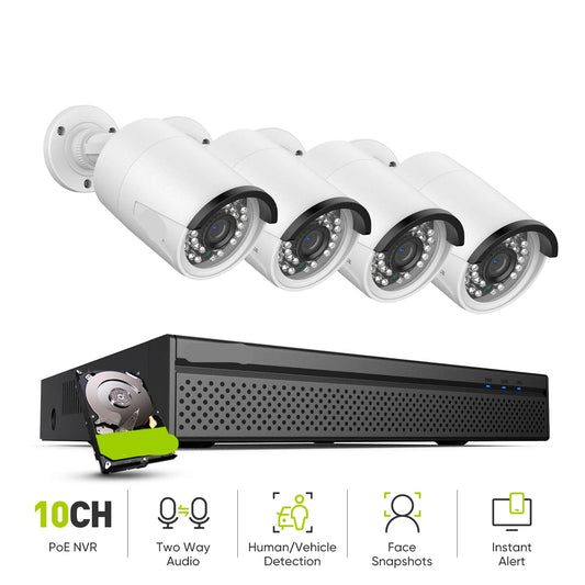 Beveiligingscamera's - Camerabewaking - CCTV Camerasysteem - 4K 8MP Ultra HD POE - 8-Kanaals H.265+ NVR - Inclusief 8MP Beveiligingscamera’s – Tweeweg Audiofunctie – Zonder Geïntegreerde Opslag