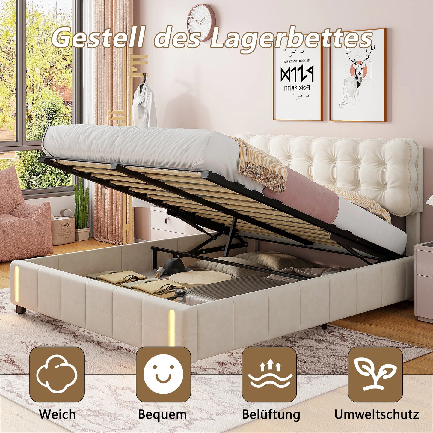 Bedframe – Velvet Bed – Gestoffeerd Bed – Opbergbed – Led Bed – Hydraulische Opbergruimte – Fluwelen Hoofdbord - 160 x 200 cm