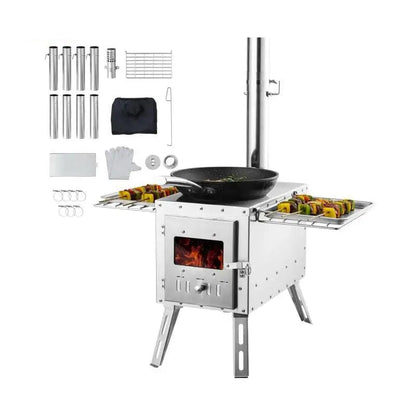 Houtkachel - Veranda Kachel - Draagbaar Houtkachelfornuis - Survival Firewood Stove - Camping Kachel - met Schoorsteenpijpen - Handschoenen - RVS - 45 x 66 cm - Zilver - QUORE