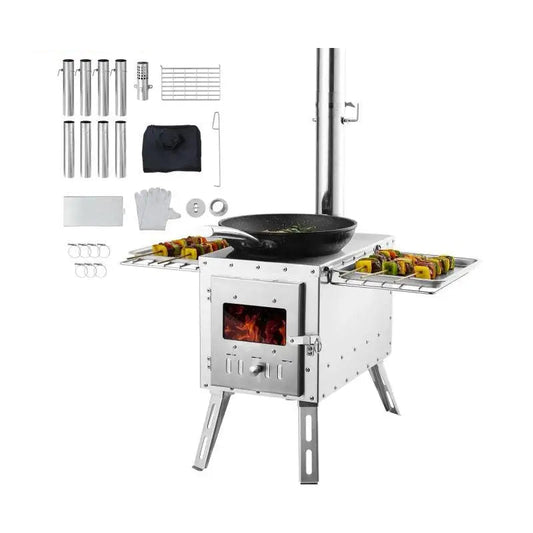 Houtkachel - Veranda Kachel - Draagbaar Houtkachelfornuis - Survival Firewood Stove - Camping Kachel - met Schoorsteenpijpen - Handschoenen - RVS - 45 x 66 cm - Zilver - QUORE