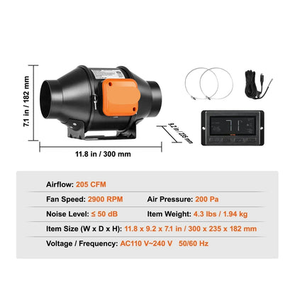 Buisventilator - Inline Kanaalventilator - Afzuig Ventilator -  Stille Afzuigventilator - met Temperatuur - en Vochtigheidssensor - voor Badkamer - Kweekruimte - Woonruimte - EC 4Inch