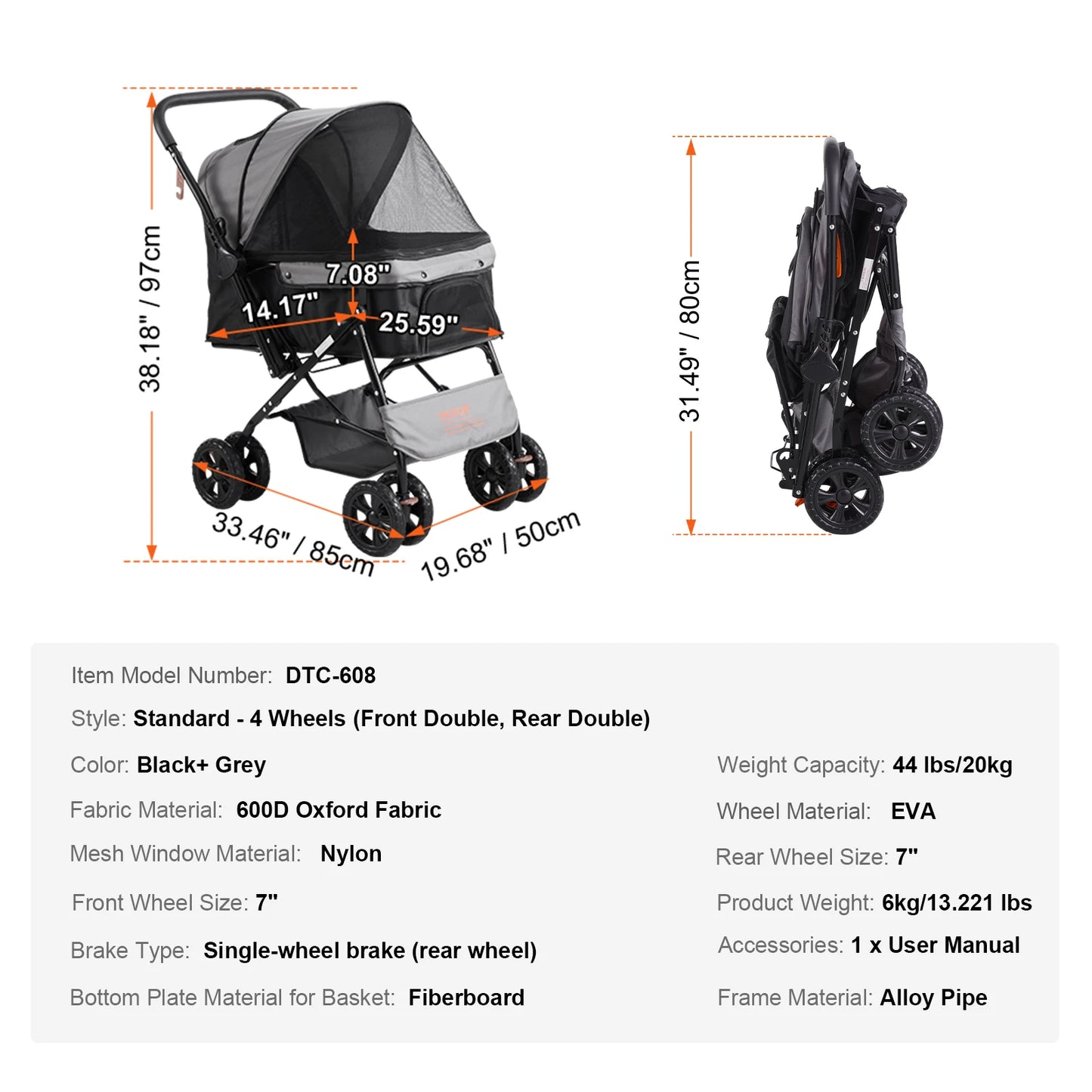 Hondenbuggy - Lichtgewicht - Huisdier Buggy - Hond en Kat Dierenwagen - Opvouwbare - met Rem - Verstelbaar Handvat - en Opslagmand - Duurzaam en Ademend - Zwart en Grijs