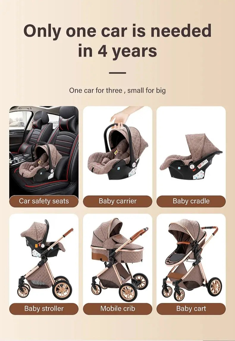 3-In-1 Kinderwagen – Reiswieg – Autostoeltje – Wandelwagen – Compact Opvouwbaar – Roestvrij Staal Frame – Geschikt Vanaf Geboorte - Khaki