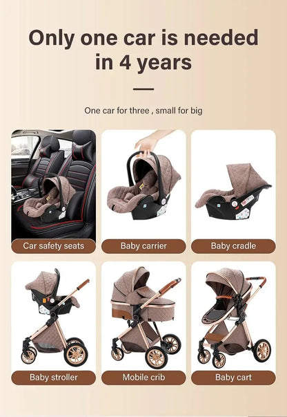 3-In-1 Kinderwagen – Reiswieg – Autostoeltje – Wandelwagen – Compact Opvouwbaar – Roestvrij Staal Frame – Geschikt Vanaf Geboorte - Khaki