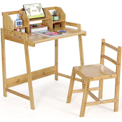Kinderbureau met Stoel – Verstelbare Kindertafel en Kinderbureaustoel – Met Opbergruimte – Bamboe – 95x80x50 cm – Geschikt voor Kinderen van 3 tot 10 Jaar
