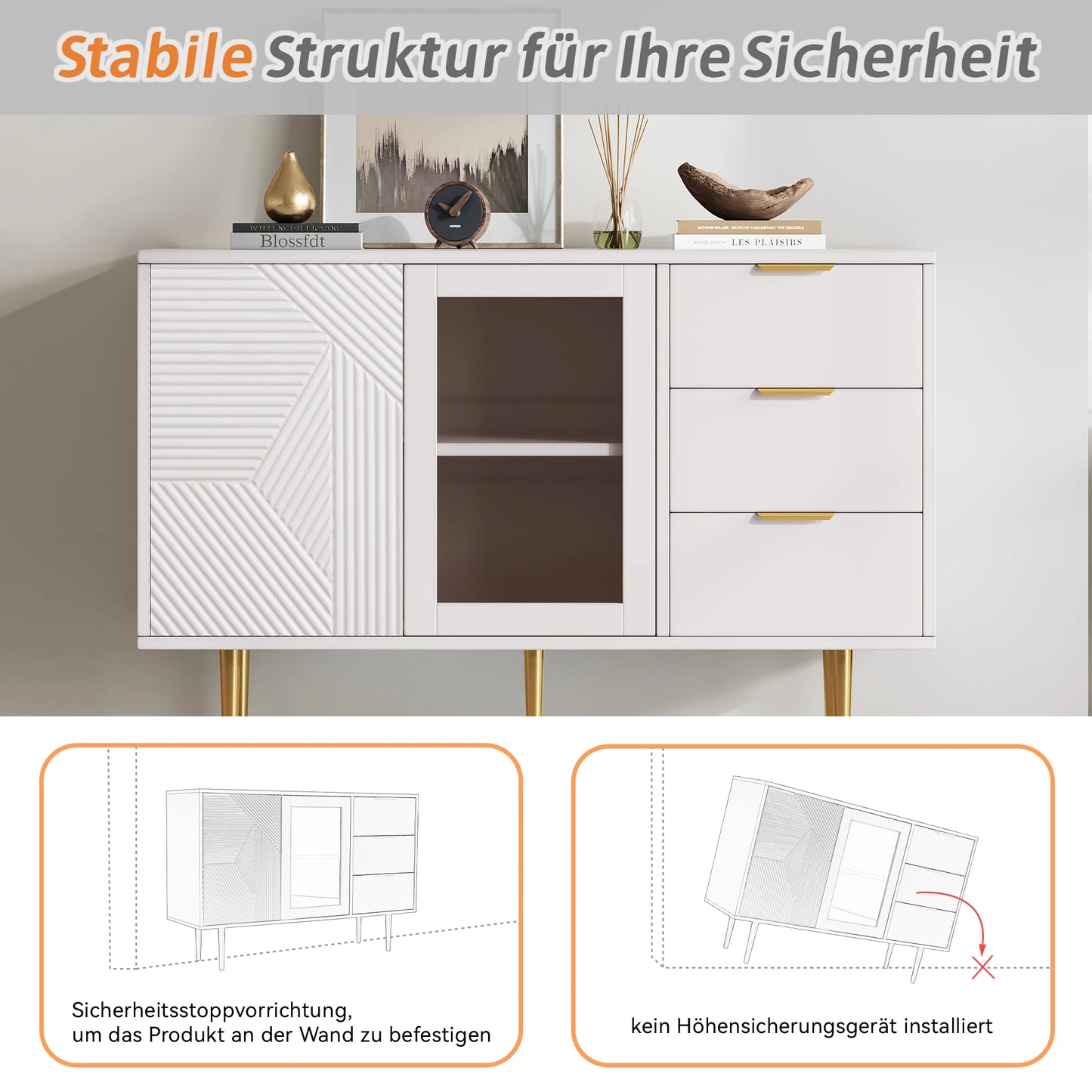 Opbergkast – Opbergmeubel – Kast Met Lades – Kast Met Glazen Deuren – 120 X 38 X 79,5 Cm – MDF En Metalen Poot - QUORE