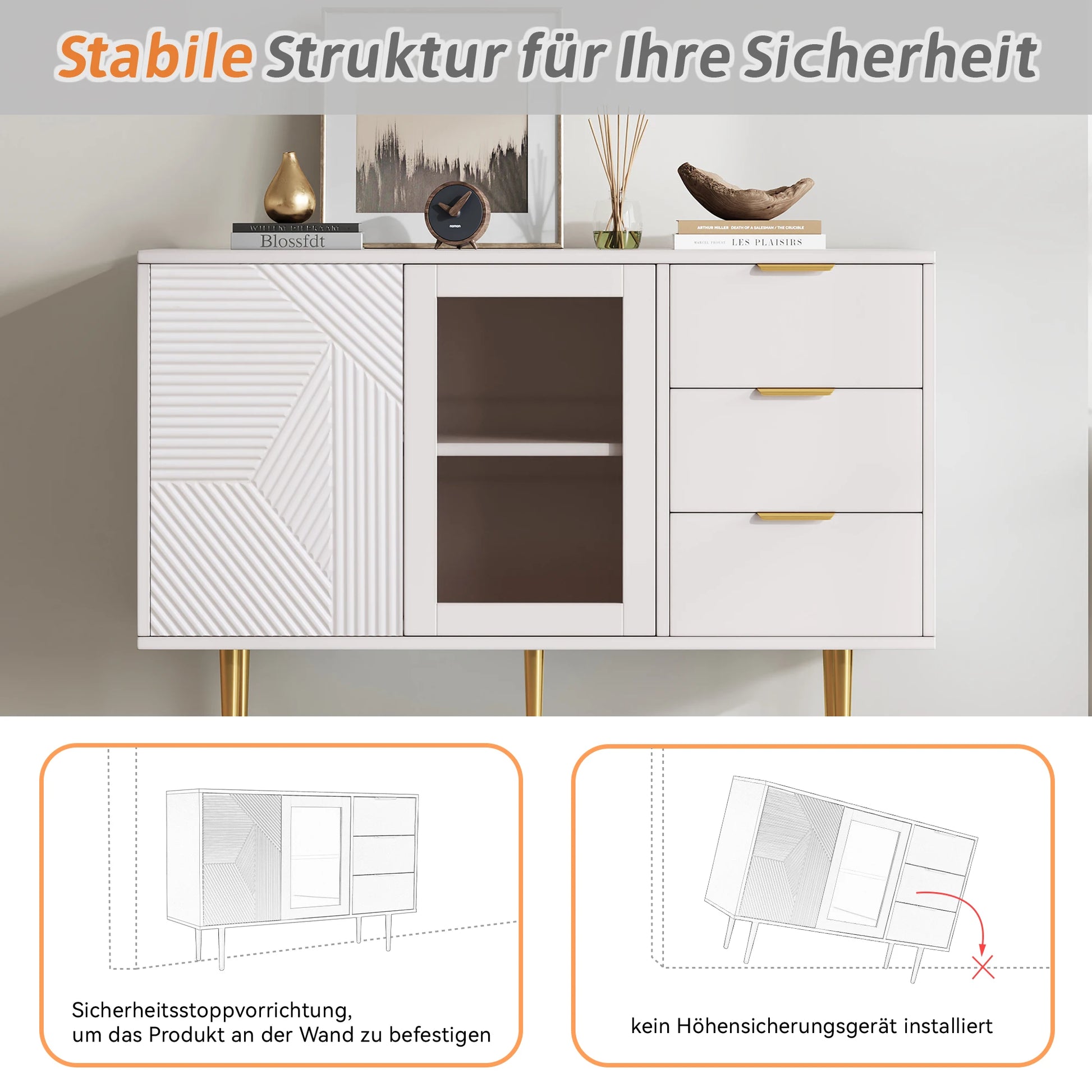 Opbergkast – Opbergmeubel – Kast Met Lades – Kast Met Glazen Deuren – 120 X 38 X 79,5 Cm – MDF En Metalen Poot - QUORE