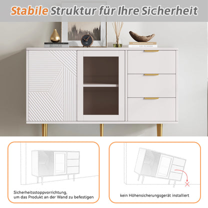 Opbergkast – Opbergmeubel – Kast Met Lades – Kast Met Glazen Deuren – 120 X 38 X 79,5 Cm – MDF En Metalen Poot - QUORE