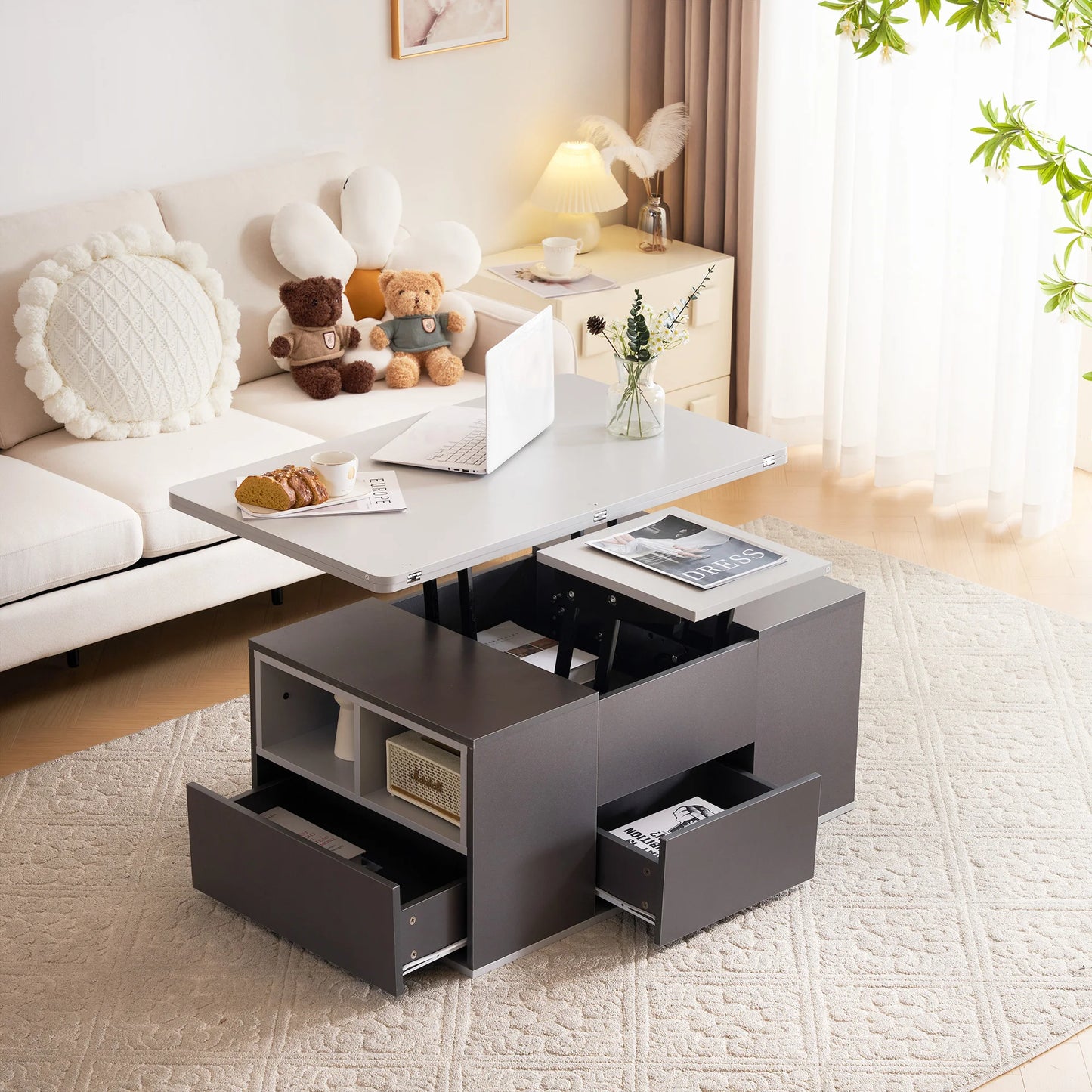 Multifunctionele Uitschuifbare Salontafel – Coffee Table – Woonkamertafel – Bijzettafel – Eettafel – Hoogteverstelbaar – Met 3 Lades en Open Opbergruimte