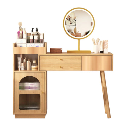 Make-Up Tafel – Kaptafel – Make-Up Bureau – Beauty Meubel – Driedubbele LED-Verlichting – Ruime Opbergruimte - Bruin