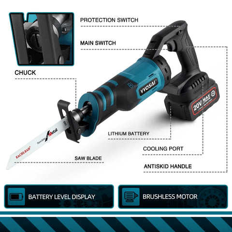 Reciprozaag - Draagbaar - Inclusief 4 x zaagblad - 20V - Drie instelbare oriëntatiemodi - QUORE