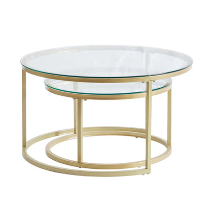 Set van 2 Ronde Bijzettafels – Luxe Ronde Salontafels – Bijzettafels van Metaal met Gehard Glas – Stijlvolle Koffietafels – Goudkleurig Frame – Moderne Tafels – 60 cm & 40 cm Diameter