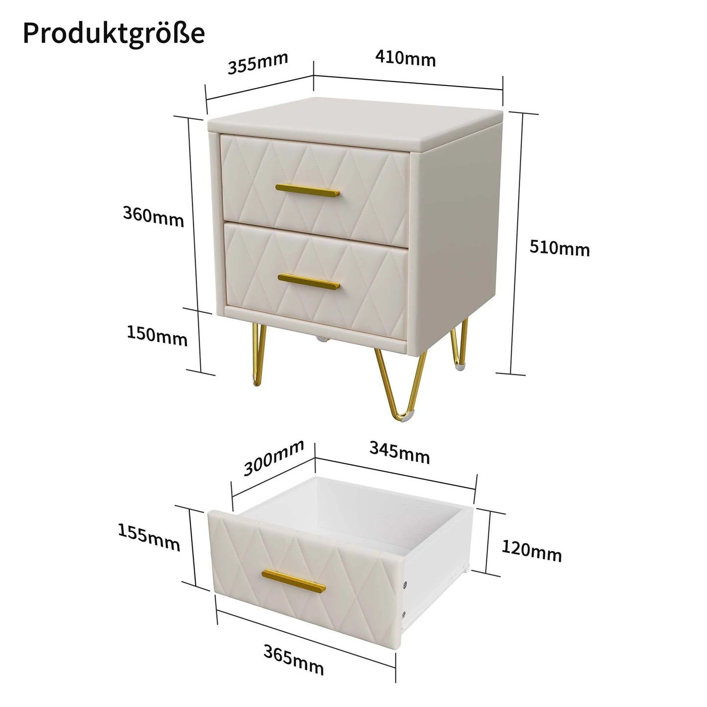 Nachtkastje – Bijzettafel – Ladekast – Nachttafel – Meubel – Set van 2 – 2 Lades – Beige Gestoffeerd – Gouden Metalen Pootjes – 41x35x51 cm
