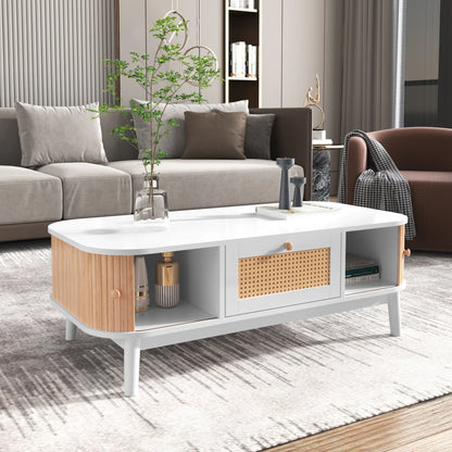 Salontafel – Rattan Salontafel – Houten Tafel – Koffietafel – Woonkamer Tafel – Met Handgemaakte Massief Houten Schuifdeuren – Ruime Opbergruimte en Natuurlijke Walnotenkleur