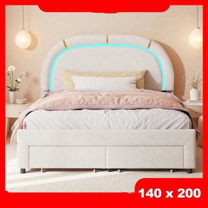 Kinderbed – Peuterbed – Huisbed – Kinderledikant – Fluwelen Bekleding – LED-Verlichting – Opberglade