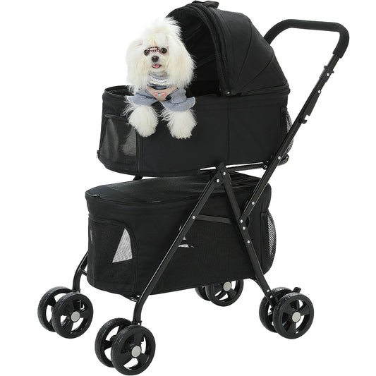 Dog Stroller - Dog Stroller Foldable - Stroller - Foldable - 4-wheel - with puppy storage basket - Black