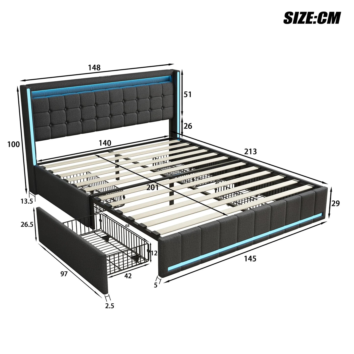Bedkast – Bed Met Opbergruimte – Bed Met Lade – Bed Met USB – Bed Met Stopcontact – Led-Verlichting – Robuuste Houten Constructie - 160 x 200 cm - Beige