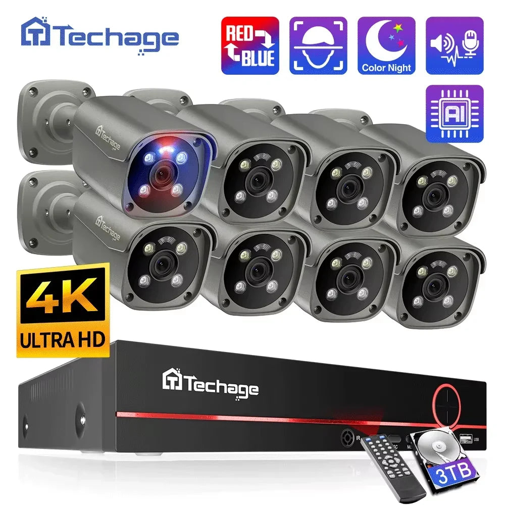Techage 8CH 8MP 5MP POE Surveillance Camera System CCTV Security Human Detection Video Two-way Audio Audio Recorder DVR Card Set