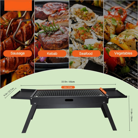 BBQ Grill - Grill Rotisserie Kit - Grillset - BBQ kampvuurgrill - Draagbaar - Kampvuurkookuitrusting - Draagbare houtskoolgrill - platte bovenkant - propaangasgrill - voor buiten koken - 23in - Zwart