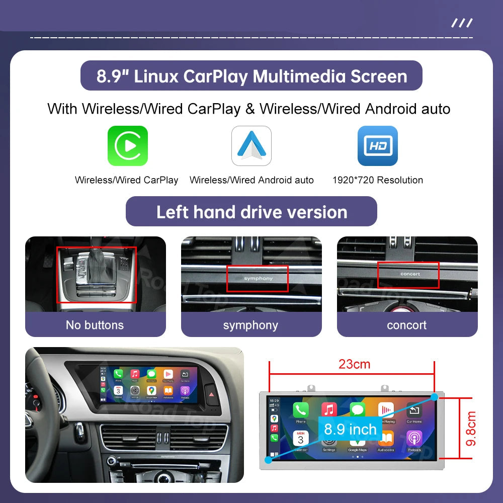 8,9 inch Multimediascherm – Multimedia Display – Touchscreen Navigatie – Autoradio Scherm – Inbouw Navigatie – Draadloos CarPlay & Android Auto – Linux Besturingssysteem & AirPlay