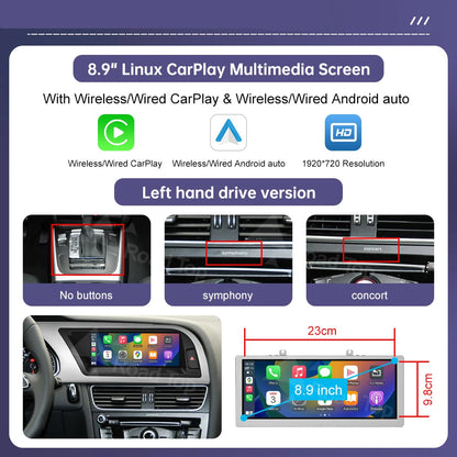 8,9 inch Multimediascherm – Multimedia Display – Touchscreen Navigatie – Autoradio Scherm – Inbouw Navigatie – Draadloos CarPlay & Android Auto – Linux Besturingssysteem & AirPlay