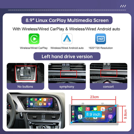 8,9 inch Multimediascherm – Multimedia Display – Touchscreen Navigatie – Autoradio Scherm – Inbouw Navigatie – Draadloos CarPlay & Android Auto – Linux Besturingssysteem & AirPlay