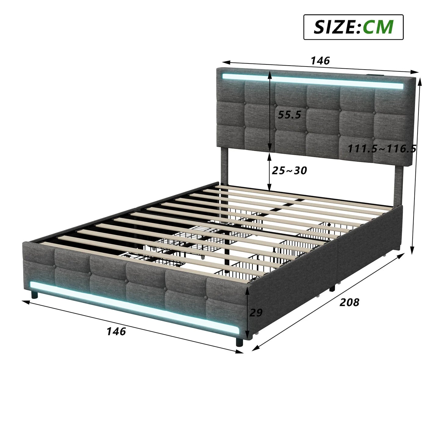 Bedframe – Bed – Slaapbank – Ledikant – Opbergbed – LED-Verlichting – USB-Oplaadpoorten