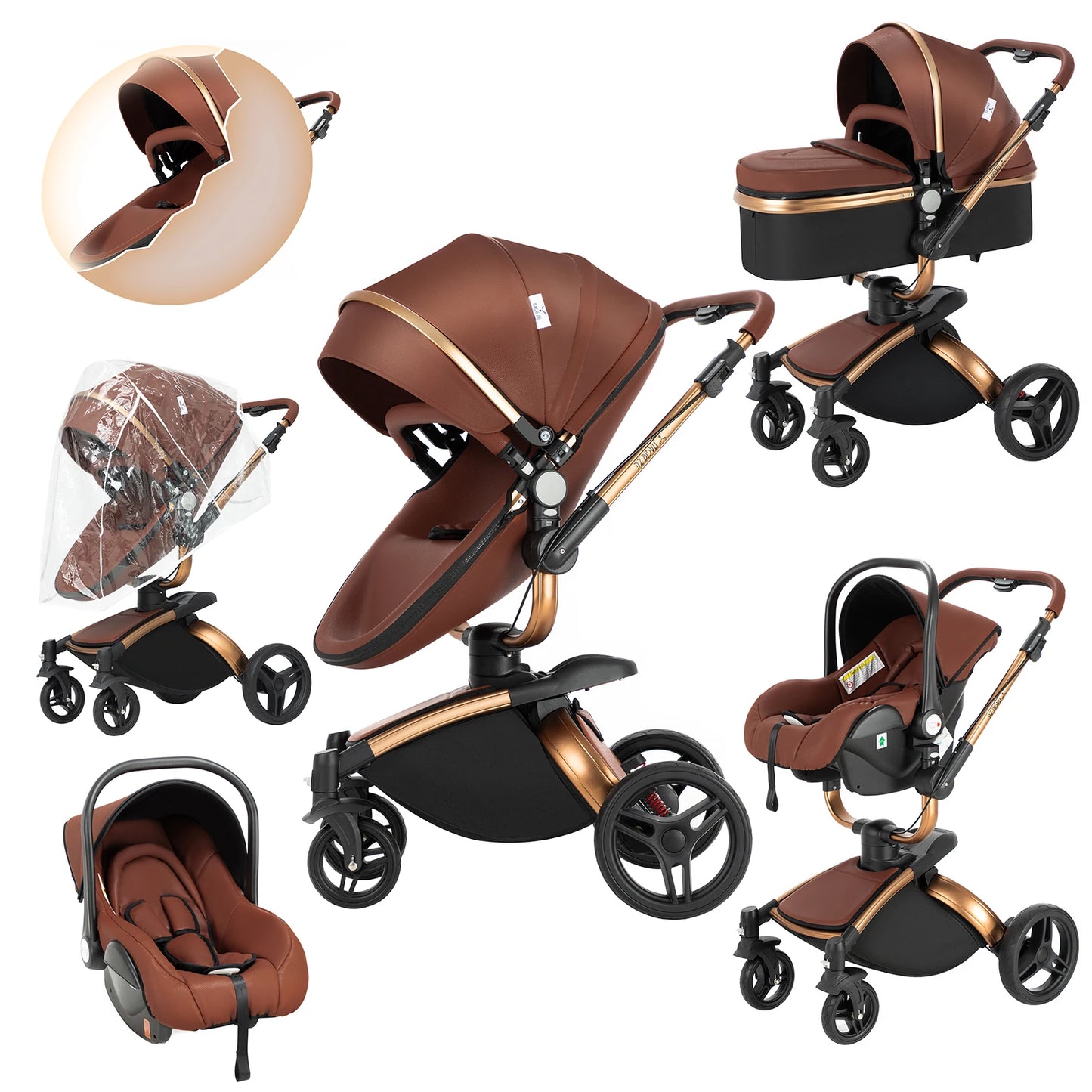 360° Baby Stroller 3 IN 1 Car Seat Stroller Combo Travel System Strollers High Landscape Leather Large Storage Stroller Infant