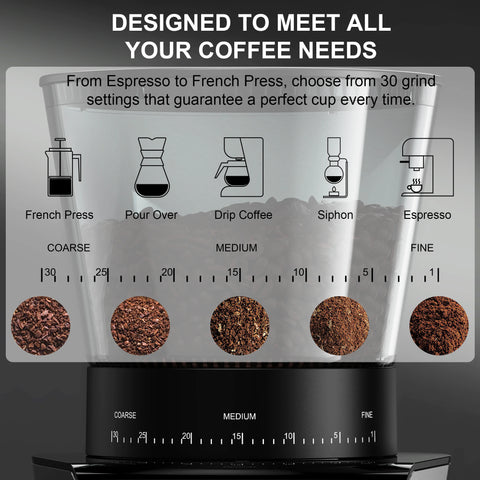 Elektrische Koffie Molen - Automatische braammolen - met 30 tandwielen voor espresso-Amerikaanse koffie - Pour Over Visual Bean Storage - 220V - QUORE