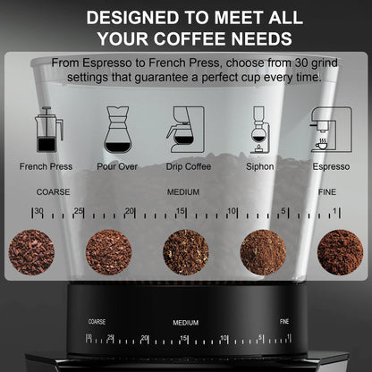 Elektrische Koffie Molen - Automatische Braammolen - Koffiebonen Maler - 30 Tandwiele - voor Espresso - Filterkoffie en French Press - 220V - 300g Bonenreservoir - LCD Timer - QUORE