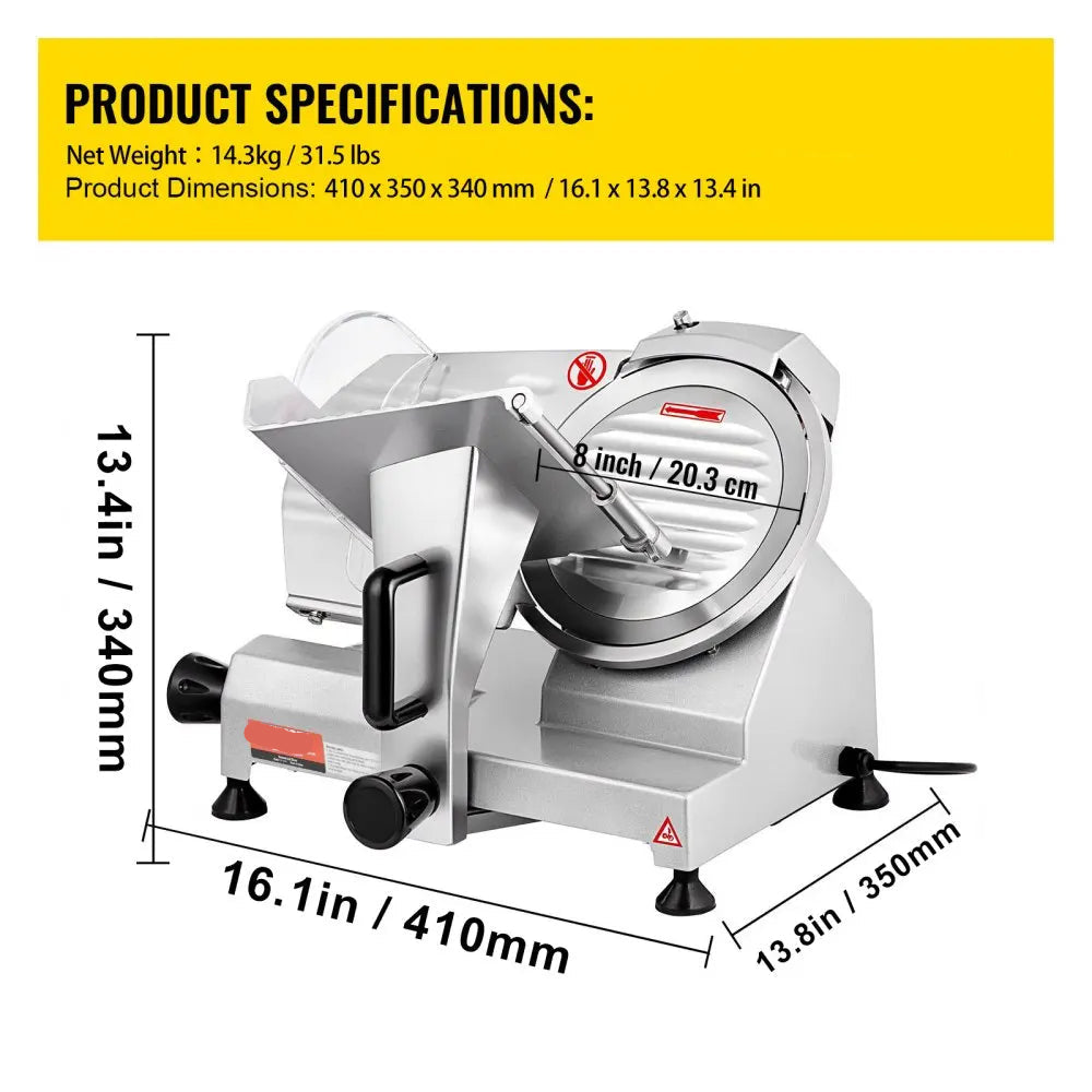 Vleessnijmachine - Vleessnijder - Snijmachine - Broodsnijmachine - Elektrische - 8 Inch Roestvrijstalen Mes - Allessnijder - Ingebouwde Slijpsteen – Instelbare Snijdikte 0-12 mm – Perfect voor Deli en Thuisgebrui