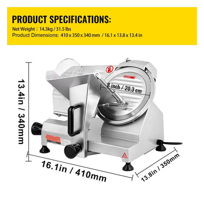 Vleessnijmachine - Vleessnijder - Snijmachine - Broodsnijmachine - Elektrische - 8 Inch Roestvrijstalen Mes - Allessnijder - Ingebouwde Slijpsteen – Instelbare Snijdikte 0-12 mm – Perfect voor Deli en Thuisgebrui