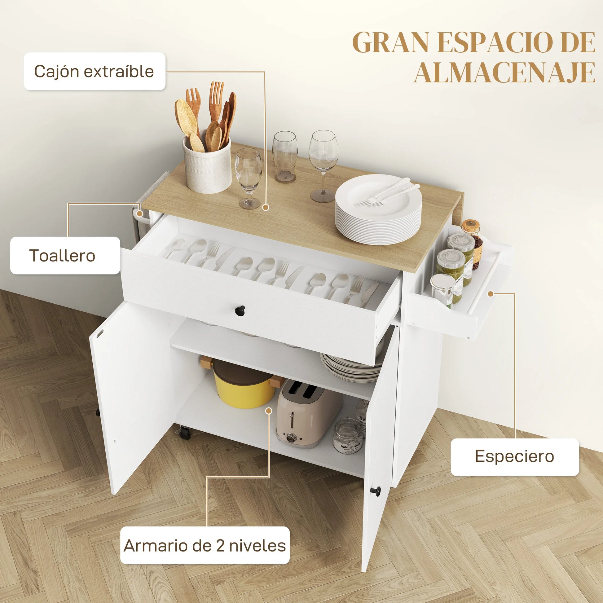 Homcom Kitchen Island with Wheels Folding Wing 106X42X87 cm - QUORE