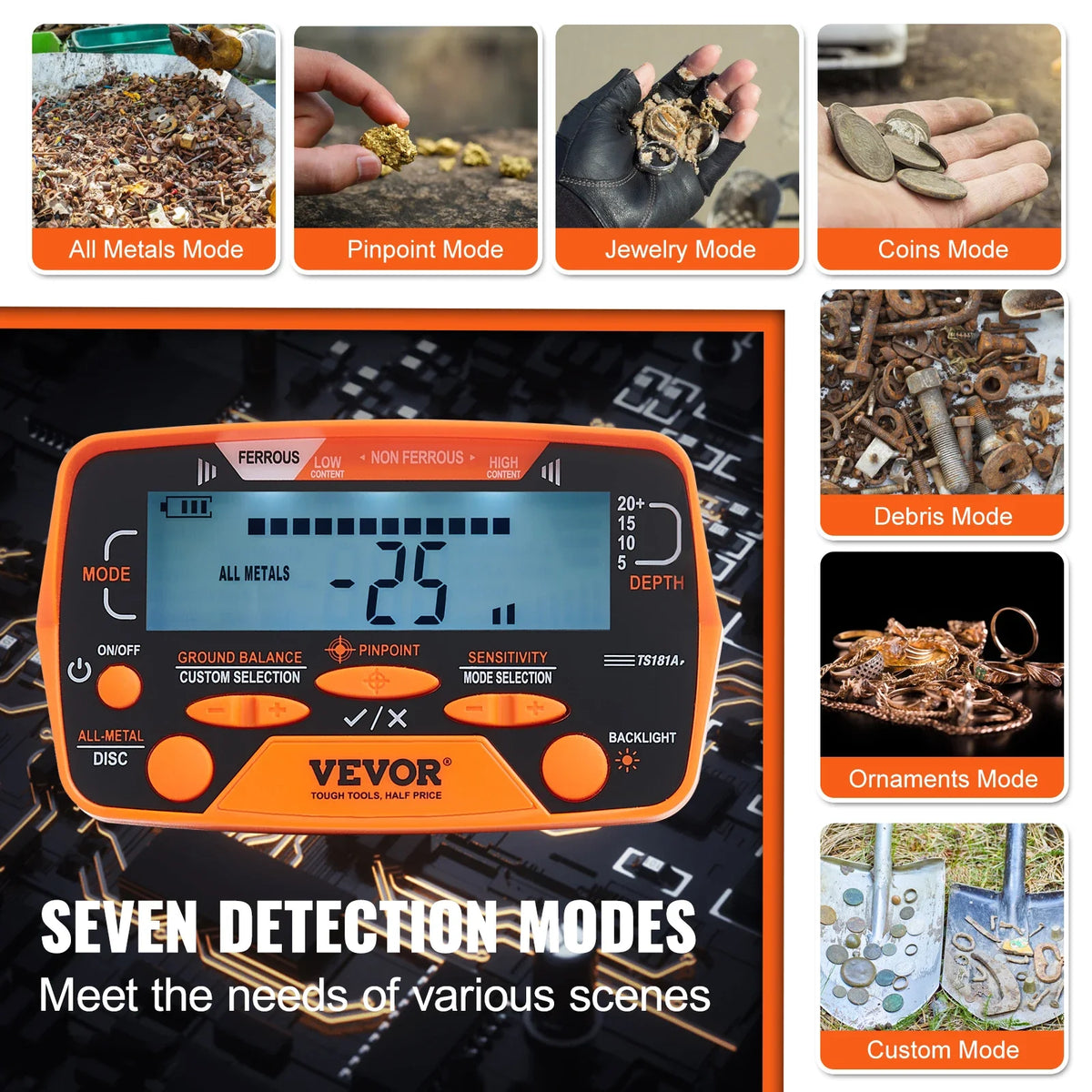 Metaaldetector - Metaalzoekapparaat voor professionals - Hoge nauwkeurigheid - Onderwater en ondergronds - LCD-scherm - DSP-chip - 7 modi - 8 inch spoel - Zwart en oranje