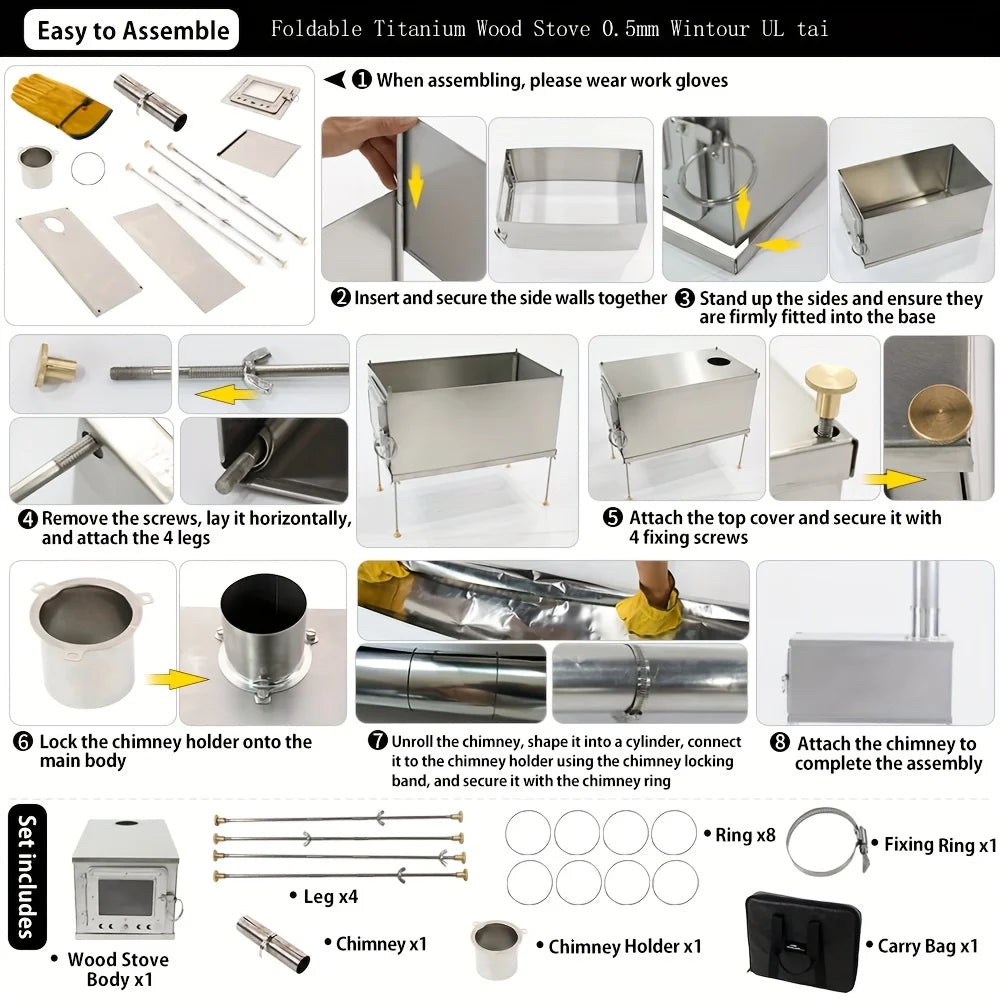 Titanium Houtkachel – Opvouwbare Kachel – Draagbare Stove – Camping Kamin – Outdoor Houtbrander – Lichtgewicht Titanium – Duurzaam En Compact - QUORE