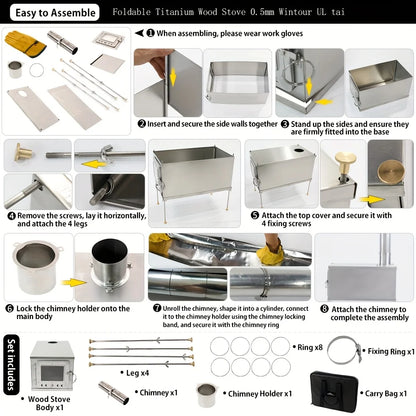 Titanium Houtkachel – Opvouwbare Kachel – Draagbare Stove – Camping Kamin – Outdoor Houtbrander – Lichtgewicht Titanium – Duurzaam En Compact - QUORE