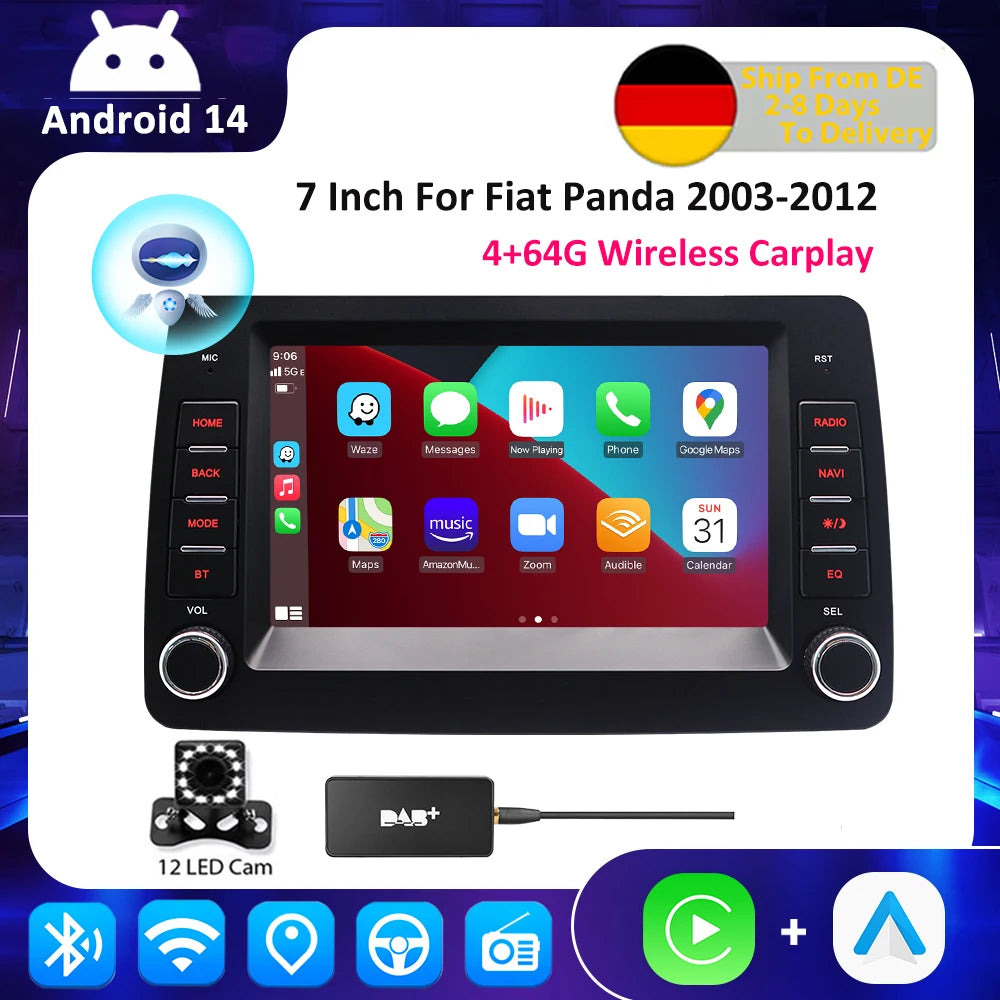 ESSGOO Android 14 Car Radio Carplay For Fiat Panda 2003-2012 GPS Navigation MP5 Player Bluetooth Car Stereo HD Touchscreen - QUORE