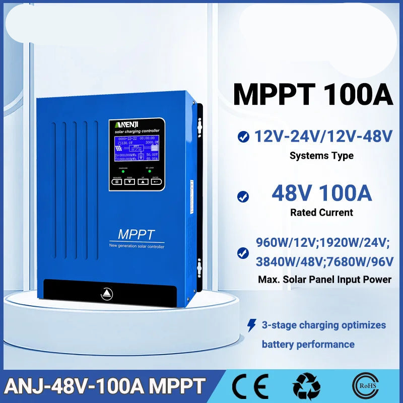 100A MPPT Zonnelader – Solar Charge Controller – Zonnepaneel Regelaar – Acculader – 48V 100A Variant – Maximale Paneelspanning 180V – 3-Fasen Laadproces - QUORE