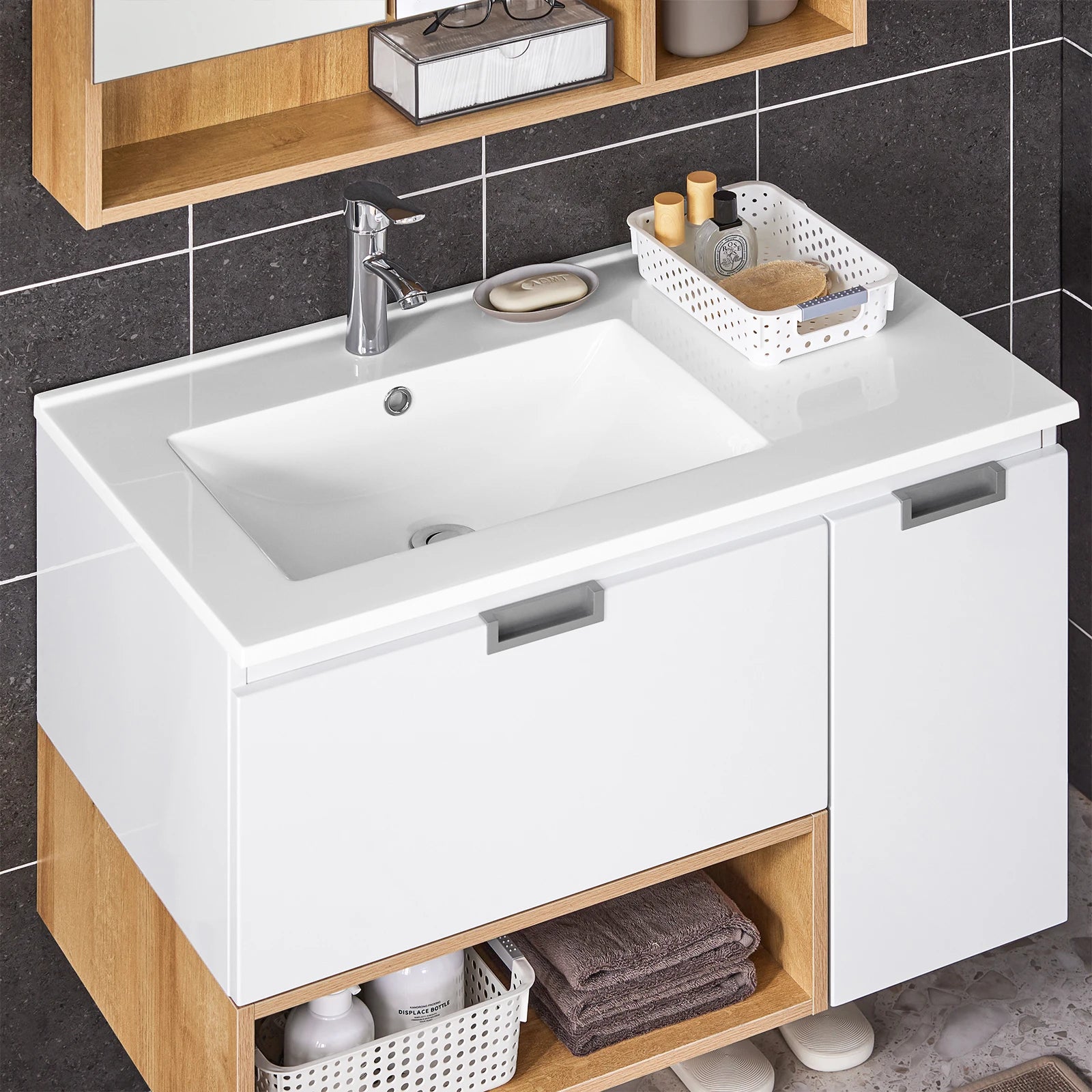 Wastafelmeubel – Wastafelonderkast – Badmeubel – Badkamermeubel – Wastafelkast – Wit – Keramische Wasbak 80x54x46 cm – Wandmontage Met Lade En Opbergruimte - QUORE