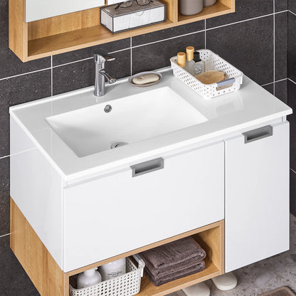 Wastafelmeubel – Wastafelonderkast – Badmeubel – Badkamermeubel – Wastafelkast – Wit – Keramische Wasbak 80x54x46 cm – Wandmontage Met Lade En Opbergruimte - QUORE