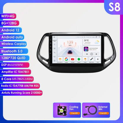 Hizpo Car Android 14 for Jeep Compass 2017 -2020 Auto Radio Multimedia Player GPS Navigation Carplay Stereo 4G BT No 2din DVD AI