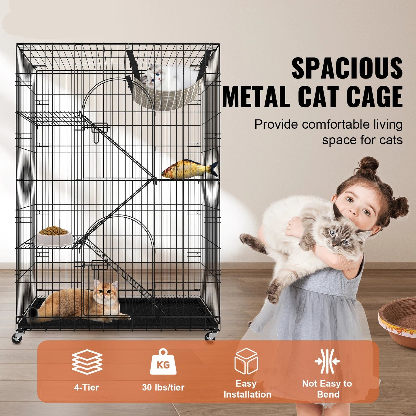 Kattenbox - Katten Kooi - Draad Kennel - Grote Kattenren - met 4 Niveaus - Oefening Plaats - Krat Metalen - voor Huisdier - Stevig - Durzaam - Ijzer - 90 x 60 x 133 cm -  Zwart