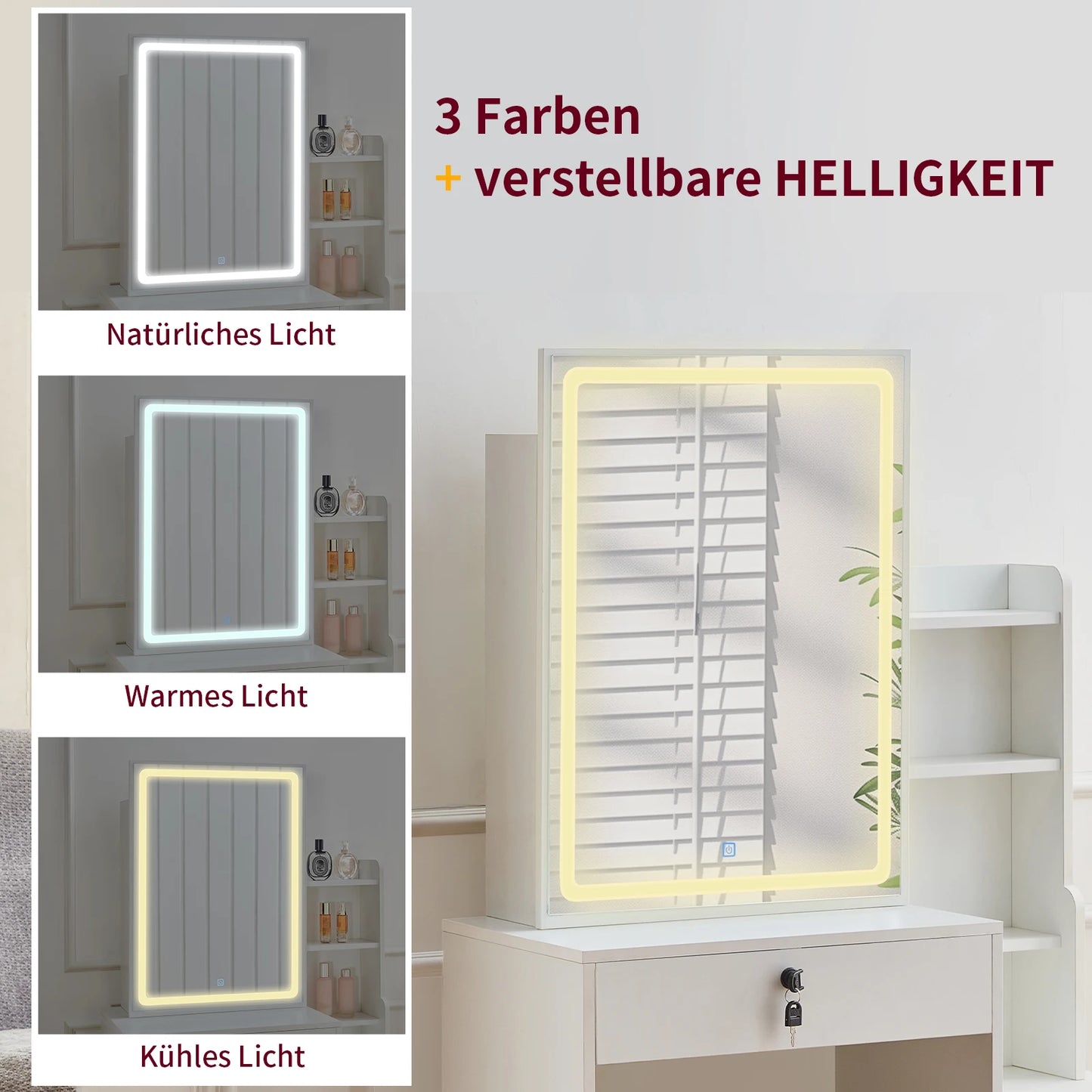 JYMTOM Schminktisch mit Beleuchtung Spiegel Verstellbarer Helligkeit moderner Frisiertisch mit 4 Schubladen Kosmetiktisch
