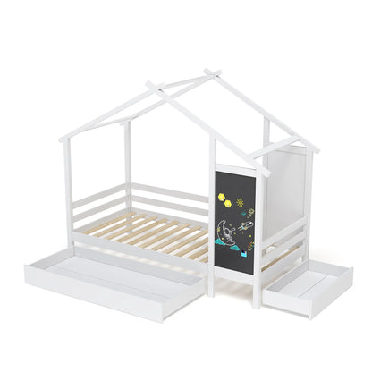 Kinderbed – Huisbed – Speelbed – Kinderhuisbed – Massief Dennenhout – 2 Opberglades – Veilig Ontwerp