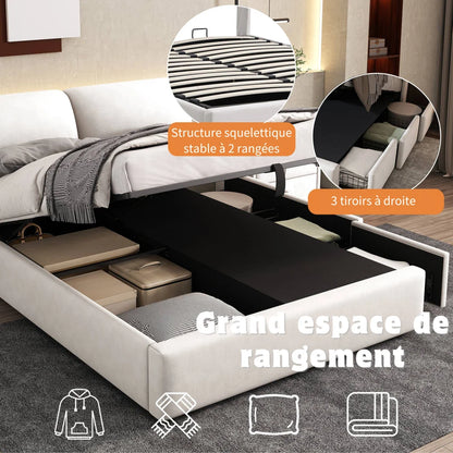Velours Bed – Slaapbed – Opbergbed – Eenpersoonsbed – Bed Met Lades – Hydraulisch Opbergvak – Matrasmaat 140x200 cm – Houten Frame - Beige